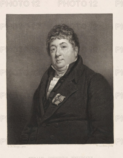 Portrait of Sebald Justinus Brugmans, print, Portrait of the Dutch physician and botanist Sebald Justinus Brugmans., number: '285', printmaker: Willem van Senus, after painting by Charles Howard Hodges, Amsterdam, 1829, paper, etching, engraving, height 260 mm x width 203 mm, Person, Sebald Justinus Brugmans, A monochrome engraved portrait of a middle-aged man shown from the waist up, facing slightly toward viewer's left, with a rounded face and curly hair, wearing a high-collared shirt with a cravat and a dark textured coat decorated with a small ornate badge on the chest, set against a finely crosshatched rectangular background surrounded by a plain border.