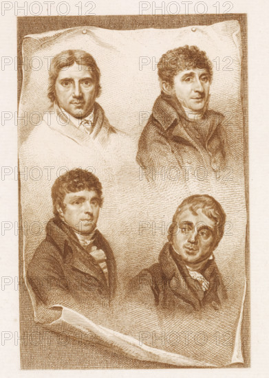 Portraits of Taco Scheltema, Nicolaas Baur, Willem Bartel van der Kooi and Martinus Schouman, print, Portraits of the Dutch artists Taco Scheltema, Willem Bartel van der Kooi and Martinus Schouman on a sheet that curls at the bottom and is attached to a wall at two points at the top., printmaker: Willem van Senus, Netherlands, 1783 - 1851, paper, etching, engraving, etching and engraving in brown, height 263 mm x width 166 mm, Person, Aert Schouman, Taco Scheltema (I), Willem Bartel van der Kooi, An engraved sepia illustration showing four male bust portraits arranged on a draped rectangular sheet, each man depicted from the shoulders up with period clothing that includes high collars and cravats; two portraits occupy the top row with one man facing forward and another turned slightly to the side with curly hair, and two portraits on the lower row show one man with short curly hair looking outward and another glancing upward, all rendered with fine line work and crosshatching on a text...