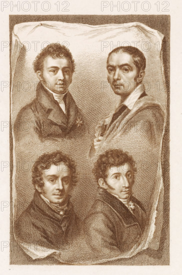 Portraits of Jan Willem Pieneman, Cornelis Cels, Pieter Christoffel Wonder and Paul Joseph Constantin Gabriël, print, Portraits of the Dutch artists Jan Willem Pieneman, Pieter Christoffel Wonder and Paul Joseph Constantin Gabriël on a leaf that curls at the bottom and is attached at two points to a wall., printmaker: Willem van Senus, Netherlands, 1783 - 1851, paper, etching, engraving, etching and engraving in brown, height 263 mm x width 166 mm, Person, Jan Willem Pieneman, Paul Joseph Constantin Gabriël, Pieter Christoffel Wonder, A sepia-toned engraved portrait showing four men arranged within a draped rectangular frame, each depicted from the chest up with varied head angles and composed expressions; the upper left man has curly hair and a high-collared coat with a decorative star-shaped insignia on his lapel, the upper right man has shorter hair slicked back, a turned head, and holds a small object near his chest while wearing a cloak with a visible collar, the lower left man ha...