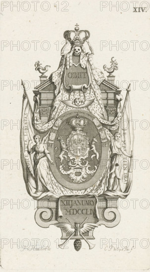 Epitaph for the deceased Princess Anna of Hanover, 1759, print, Monument or memorial stone for Princess Anna of Hanover, who died in 1759. Monument composed of banners, allegorical female figures, and a royal ermine cloak, crowned by a skeleton with a royal crown. In the center, the princess's coat of arms is held by a lion and a unicorn. Marked in the upper right: XIV., printmaker: Caspar Jacobsz. Philips, Amsterdam, after drawing by Isaac van Haastert, 1752 - 1789, Caspar Jacobsz. Philips, Isaac van Haastert, printmaker, after drawing by, paper, etching, height 174 mm x width 98 mm, Pendant of the print with Epitaph for the deceased Prince William IV, 1751, Person, Anna of Hanover, 'Vanitas' symbols, epitaph, Death of Anna of Hanover (1759), Delft, Period, 1759-01-12, An ornate engraved emblem occupies the vertical composition, centered on a large draped mantle topped by a crowned skull with a crown being held above it, flanked by architectural pedestals with decorative finials. The ...