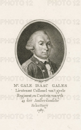 Portrait of Gale Isaac Gales, print, printmaker: François Joseph Pfeiffer (I), Amsterdam, 1787, paper, etching, aquatint, etching and aquatint, height 224 mm x width 175 mm, Person, Gale Isaac Gales, An oval portrait of a man rendered in a stippled engraving style set against a light textured background, showing his head and upper torso within a dark oval field framed by a dotted border; he has powdered hair styled away from his face, a high forehead, and a composed facial expression with visible eyes, nose, and mouth; he wears a dark coat with decorative buttons and epaulette-like detailing on the shoulder, a white cravat at the neck, and a light colored shirt; below the oval there are several lines of printed text on the page.