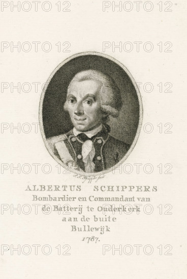 Portrait of Albertus Schippers, print, printmaker: François Joseph Pfeiffer (I), Amsterdam, 1787, paper, etching, aquatint, etching and aquatint, height 233 mm x width 175 mm, Person, Albertus Schippers, An oval black and white stipple portrait of a man with light colored, styled hair and a high forehead, shown from the shoulders up and wearing a dark coat with decorative buttons and a light cravat, set against a dark oval background and surrounded by a dotted oval frame, all on a light textured paper.