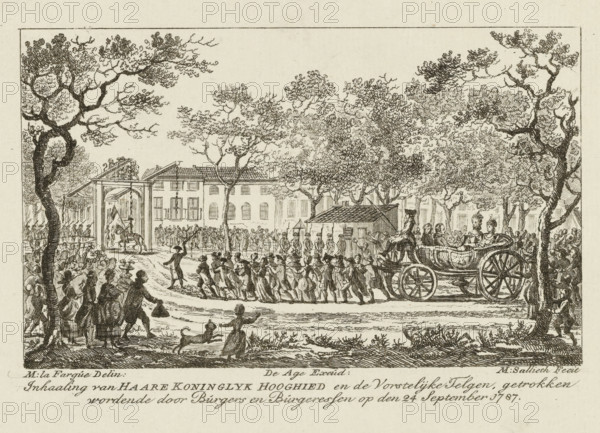 Welcome of Her Royal Highness and the Princely Offspring, drawn by Citizens and Citizenesses on September 24, 1787, Welcome of the Princess of Orange and the children, print, Welcome of the Princess of Orange and the children by the citizenry in The Hague, September 24, 1787. The open carriage with the princely family is drawn by men and women along the road to the Boschbrug., printmaker: Mathias de Sallieth, after drawing by Maria Margaretha la Fargue, publisher: Johannes François Jacobs d' Agé, Mathias de Sallieth, Maria Margaretha la Fargue, Johannes François Jacobs d' Agé, paper, etching, height 125 mm x width 201 mm, Used as an illustration in: De Haagsche princelyke en koninglyke almanach, voor het schrikkeljaar 1788. Johannes François Jacobs d'Agé: The Hague, 1788, Person, Wilhelmina of Prussia (1751-1820), public festivities at other royal events, not meant or mentioned above, human being(s) drawing or pushing a vehicle not usually propelled by manpower, Restoration of Stadthol...