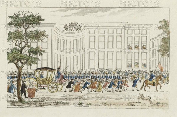 Welcoming the Prince of Orange, 1787, print, Welcome of the Prince of Orange by the citizenry in The Hague, September 20, 1787. The carriage with Stadtholder William V is being pulled by men and women along the road past the Palace of Nassau-Weilburg., printmaker: Mathias de Sallieth, after drawing by Maria Margaretha la Fargue, paper, etching, hand coloring, hand-colored, proof print, height 124 mm x width 198 mm, State with the typeface used as an illustration in: De Haagsche princelyke en koninglyke almanach, voor het schrikkeljaar 1788. Johannes François Jacobs d'Agé: The Hague, 1788., Person, Willem V (Prince of Orange-Nassau), public festivities at other royal events, not meant or mentioned above, human being(s) drawing or pushing a vehicle not usually propelled by manpower, Herstel van stadtholder Willem V (1787), The Hague, Period, 1787-09-20, A wide street scene shows a large multi-story building with many tall windows and a curved central façade topped by a decorative crest, ...