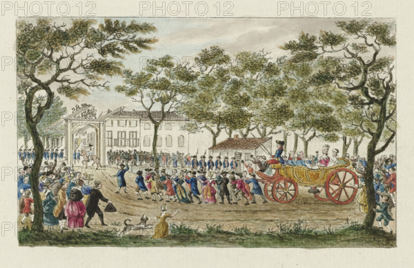 Welcome of the Princess of Orange and the children, 1787, print, Welcome of the Princess of Orange and the children by the citizenry in The Hague, September 24, 1787. The open carriage with the royal family is being pulled by men and women along the road to the Boschbrug., printmaker: Mathias de Sallieth, after drawing by Maria Margaretha la Fargue, paper, etching, hand coloring, hand-colored, proof print, height 123 mm x width 198 mm, State with the typeface used as an illustration in: De Haagsche princelyke en koninglyke almanach, voor het schrikkeljaar 1788. Johannes François Jacobs d'Agé: The Hague, 1788., Person, Wilhelmina of Prussia (1751-1820), public festivities at other royal events, not meant or mentioned above, human being(s) drawing or pushing a vehicle not usually propelled by manpower, Herstel van stadtholder Willem V (1787), The Hague, Period, 1787-09-24, A colored engraving showing a tree-lined avenue with many people gathered around a large ornate carriage pulled by h...