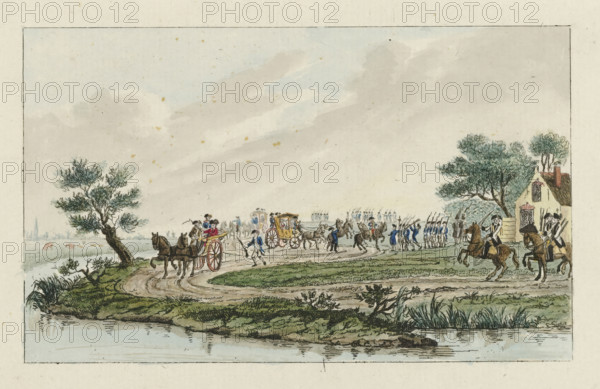 Arrest of the Princess at Goejanverwellesluis, 1787, print, Arrest of the procession of carriages with Princess Wilhelmina of Prussia by a militia society at Goejanverwellesluis, June 28, 1787., printmaker: Mathias de Sallieth, after drawing by Karel la Fargue, paper, etching, hand coloring, hand-colored, proof print, width 123 mm x height 203 mm, State with the typeface used as an illustration in: De Haagsche princelyke en koninglyke almanach, voor het schrikkeljaar 1788. Johannes François Jacobs d'Agé: The Hague, 1788., Person, Wilhelmina of Prussia (1751-1820), arrest (of criminal), Arrest of Princess Wilhelmina at Goejanverwellesluis, Goejanverwellesluis, Period, 1787-06-28, A pastoral riverside scene shows a curved dirt road bordered by grassy banks and reeds, with a small body of water in the foreground reflecting the bank. On the left a windswept tree leans over the bank near low shrubs, and faint distant buildings and grazing animals appear on the far plain. Along the road seve...