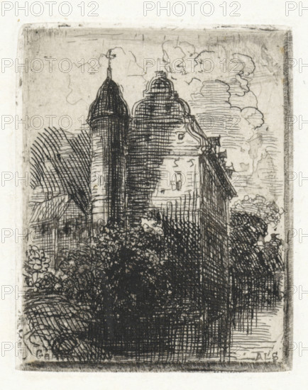 Graesbroeck, Castle with round tower, print, printmaker: Alexander Schaepkens, 1830 - 1899, paper, chine collé, etching, height 63 mm x width 50 mm, castle, A detailed monochrome etching of a tall building with rounded towers and domed roofs rising above dense foliage, rendered with crosshatching and fine line work; clouds and sky are sketched behind the structure, and textured vegetation fills the foreground and sides, all framed by a faint rectangular border.