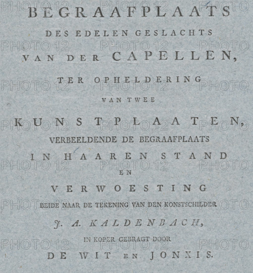 Book accompanying two prints with images of the cemetery of the Van der Capellen family, Reporting on the Cemetery of the Noble Van Der Capellen Family, book, publisher: Anthony Mens Jansz, Amsterdam, 1789, paper, letterpress printing, woodcut, woodcut and text in letterpress, height 284 mm x width 233 mm, A textured blue-gray paper background with evenly spaced dark printed characters arranged in centered horizontal lines, the characters appearing as serif glyphs in varying sizes and weights, forming multiple rows across the page with generous vertical spacing, the ink showing slight irregularities and faint wear where the paper fiber texture is visible, and small flecks and fibers scattered throughout the surface.