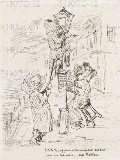 Three men by a gas lantern, cartoon, print, A gas lantern stands by a building with three men in long coats. The man on the left holds a stick and uses it to support the man who has climbed into the gas lantern. On the other side, a man sits on a stool. English texts are displayed on several pages of paper in his hands or on the lantern. A face is depicted in the waxing moon. Below the image is a two-line English text from the Bible, freely adapted from Matthew 2., printmaker: Frederik Hendrik Weissenbruch, The Hague, 1843 - 1887, paper, etching, height 163 mm x width 135 mm, cushion, caricatures (human types), civic architecture, edifices, dwellings, street lighting, waxing moon represented as face, gas-lamp, A pen-and-ink sketch shows three robed figures gathered around a tall street lamp; one figure is perched on a ladder near the lamp head, another stands holding the ladder, and a third kneels or bends beside the lamp while holding a small sign attached to the pole. The scene inclu...