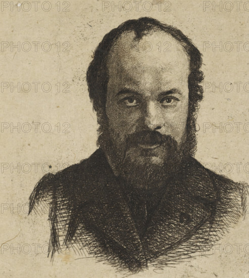 Portrait of Jan Weissenbruch, print, Portrait of the artist Jan Weissenbruch, older brother and teacher of the manufacturing artist., printmaker: Frederik Hendrik Weissenbruch, The Hague, 1863, paper, chine collé, etching, drypoint, etching on chine collé, worked up with drypoint, height 95 mm x width 75 mm, Person, Jan Weissenbruch, historical persons, portrait, self-portrait of artist, beard, A close-up ink drawing of the upper body and head of a bearded person with a receding hairline, rendered on textured paper with fine cross-hatching and stippling; the face shows detailed eyes, a moustache and full beard, with curly hair at the sides and darker shading around the lower face and clothing, while the background remains the plain, slightly speckled paper.