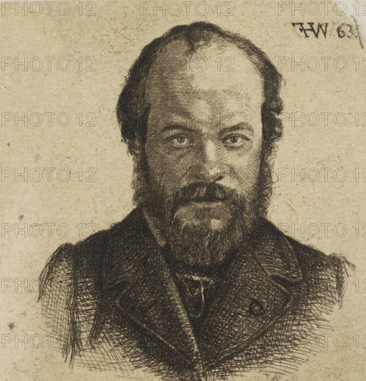 Portrait of Jan Weissenbruch, print, Portrait of the artist Jan Weissenbruch, older brother and teacher of the manufacturing artist., printmaker: Frederik Hendrik Weissenbruch, The Hague, 1863, paper, chine collé, etching, etching on chine collé, height 87 mm, width 93 mm, Person, Jan Weissenbruch, historical persons, portrait, self-portrait of artist, beard, A sepia-toned sketch of a bearded man shown from the chest upward, rendered with dense cross-hatching and fine lines on textured paper; his hair is receding at the forehead with curly hair at the sides, his eyes look forward beneath furrowed brows, a full beard and mustache cover his lower face, and he wears a dark coat and visible collar with textured shading around the shoulders and chest.