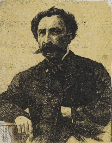 Portrait of Samuel Verveer, print, Portrait of the artist Samuel Verveer, teacher of Jan Weissenbruch, the older brother of the manufacturing artist., printmaker: Frederik Hendrik Weissenbruch, The Hague, 1863, paper, chine collé, etching, etching on chine collé, height 87 mm, width 85 mm, Person, Salomon Leonardus Verveer, historical persons, portrait, self-portrait of artist, mustache, A sepia-toned ink drawing of a seated man shown from the waist up, featuring a detailed face with dark, curly hair, a prominent mustache, and deep-set eyes, wearing a dark textured jacket over a shirt and tie; one hand rests on a surface at the lower left while the other arm is bent at the elbow, and the background is a plain, lightly mottled paper.