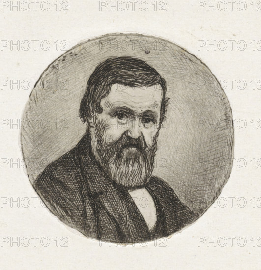 Round portrait of an unknown man with a beard, print, Portrait of an unknown man with a beard., printmaker: Frederik Hendrik Weissenbruch, The Hague, 1843 - 1887, paper, etching, diameter 48 mm, beard, anonymous historical person portrayed alone, A detailed pencil or ink portrait of an older man shown from the chest up inside a circular frame, with a full beard and mustache, short dark hair combed back, furrowed brow, and downcast eyes; he wears a dark textured jacket and a light shirt beneath, and the circular background is filled with fine crosshatching lines while the surrounding paper is blank and lightly speckled.