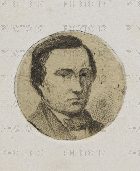 Portrait of Carel Vosmaer, print, author., printmaker: Jan Weissenbruch, The Hague, 1837 - 1880, paper, chine collé, etching, etching on chine collé, diameter 35 mm, Person, Carel Vosmaer, historical persons, portrait, self-portrait of artist, A circular sepia-toned sketch of a man's head and shoulders is centered on a pale textured background, showing short dark hair combed back, arched eyebrows, and a solemn expression with a straight mouth; fine crosshatched lines create shading on the face, neck, and clothing, and the collar and lapel of a coat are visible.