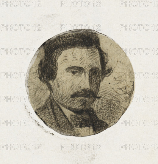 Portrait of Carel Vosmaer, print, author., printmaker: Jan Weissenbruch, The Hague, 1837 - 1880, paper, chine collé, etching, etching on chine collé, diameter 36 mm, Person, Carel Vosmaer, historical persons, portrait, self-portrait of artist, A circular sepia-toned sketch of a man's face and upper torso rendered with crosshatched pencil or ink lines sits centered on a textured off-white background; the man has dark, neatly combed hair, a mustache and a short beard, visible eyes with lined brows, and faint forehead creases, while his clothing suggests a collared shirt and jacket with textured shading and scattered scratches and smudges within and around the circular edge.