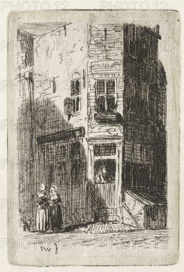 View of a corner house in Leiden, print, Two women stand in front of a corner house., printmaker: Jan Weissenbruch, The Hague (possibly), 1837 - 1880, paper, chine collé, etching, etching on chine collé, height 80 mm x width 55 mm, urban housing, adult woman, city-view, and landscape with man-made constructions, Leiden, A narrow street scene rendered in fine dark lines shows three tall adjacent buildings with textured facades and multiple window openings, one building heavily shaded creating a dark vertical block, another with visible window ledges and a small doorway or balcony where a single figure stands behind railing, and a lighter worn wall with uneven surface and small arched openings. Two figures in long garments and head coverings stand close together on the street near the foreground, while a low structure with a slanted roof sits beside the rightmost building. The ground is marked with horizontal strokes and the composition is framed by a faint rectangular border.