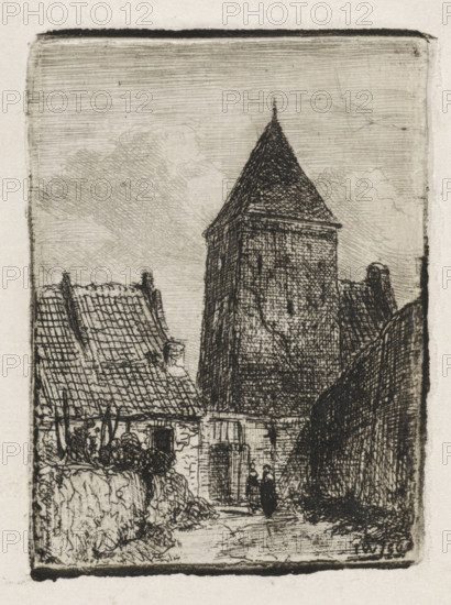 Square tower in Culemborg, print, On the right stands a square tower partly behind a house. Another house is visible on the left. Two figures are walking in the middle., printmaker: Jan Weissenbruch, Culemborg (possibly), 1850, paper, chine collé, etching, etching on chine collé, height 64 mm x width 47 mm, urban housing, city-view, and landscape with man-made constructions, tower (of house or building), A narrow vertical scene in monochrome shows a tall square tower with a steep pointed roof rising above clustered buildings with tiled roofs; fine crosshatching and line work render the stone and roof textures and a sky filled with horizontal and crosshatched strokes; in the foreground there is a low wall topped with vegetation and a narrow path leading into an archway at the base of the tower where two small human figures stand; dense dark shading marks a tall mass of foliage or a shaded building on the right, while the left foreground shows a sloping roofline and scattered bushes.