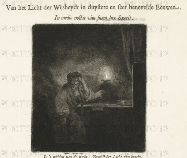 Student at a table by candlelight, print, book illustration, printmaker: Salomon Savery, after print by Rembrandt van Rijn, publisher: Tymon Houthaeck, 1654, Rembrandt van Rijn, after print by, paper, etching, letterpress printing, height 274 mm x width 298 mm, height 147 mm x width 131 mm, Mirror image copy of the print of the same name by Rembrandt., studying at night, A dark rectangular scene framed by lighter margins shows an older person seated at a table with a large open book, wearing a loose robe and a rounded cap, one hand supporting their head while the other rests near the book; a small lit lamp on the table casts a glow that illuminates the figure and nearby pages, while deep shadows fill the surrounding space and a heavy drape hangs to one side.