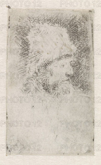 Old man with a flowing beard: bust, print, monogram and date: 'RHL 1631', printmaker: Rembrandt van Rijn, 1631, paper, etching, height 67 mm x width 65 mm, A vertical rectangular sheet with a faded pencil or ink sketch near the top showing a profile of a bearded head facing right, surrounded by dense cross-hatched shading and lighter sketch lines, the paper showing subtle stains and textured fibers, with wide blank space below and narrow margins on the left and right edges.