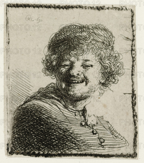Self-portrait in a Cap, Laughing, print, monogram and date: 'RHL 1630', printmaker: Rembrandt van Rijn, 1630, paper, etching, intaglio printmaking technique, printed with light plate tone, height 52 mm x width 45 mm, Person, portrait, self-portrait of painter, head-gear: cap (men's clothes), A close-up black ink etching of a smiling person with curly hair and a rounded face, showing fine cross-hatched lines defining hair, facial features, and clothing, with a dark shaded area across one side of the face and dense cross-hatching on the cloak, all set within a lightly textured rectangular border on aged paper.