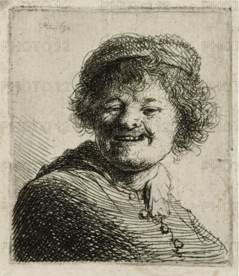 Self-portrait in a cap: laughing, print, monogram and date: 'RHL 1630', printmaker: Rembrandt van Rijn, 1630, paper, etching, intaglio printmaking technique, printed with light plate tone, height 49 mm x width 43 mm, Person, head-gear: cap (men's clothes), A close-up etching of a person with curly hair wearing a cap, showing a smiling face with closed eyes and visible teeth, a dark cloak over the shoulders, and a loosely tied scarf or cravat at the neck, all rendered in fine crosshatched lines on a textured, light background.