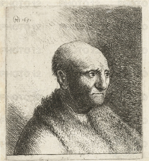 Bald man in a fur cloak: bust, print, A man with a bald head and a coat with a fur collar., printmaker: Rembrandt van Rijn, Netherlands, printmaker: attributed to Jan Gillisz. van Vliet, c. 1631, Attributed to, paper, etching, height 66 mm x width 58 mm, The plate was reworked by another hand, possibly Jan Gillisz. van Vliet., baldness, adult man (three-quarter view), A monochrome etching of an older bald man shown from the shoulders up in three-quarter profile, with detailed cross-hatched lines defining his receding hairline, wrinkles, and contemplative expression; his eyes look slightly downward, his nose is prominent, and his thin lips form a subtle line; he wears a textured garment around his neck and shoulders rendered with dense, short strokes, while the background contrasts with heavy diagonal cross-hatching on one side and lighter, sparse marks on the other, and faint irregular scratches and speckles appear across the paper.