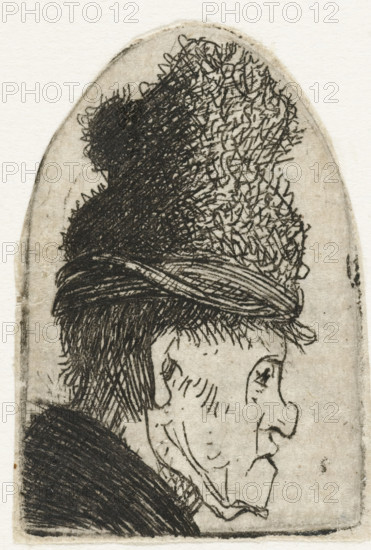 Profile of a Man in a High Hat, Grotesque profile: man in a high cap, print, Man with a high cap and striking facial contour., printmaker: Rembrandt van Rijn, Netherlands, printmaker: attributed to Jan Gillisz. van Vliet, c. 1629, Attributed to, paper, etching, height 39 mm x width 26 mm, The plate was reworked by another hand, possibly Jan Gillisz. van Vliet., adult man (sideview, profile), A narrow oval print shows a right-facing profile of an older person with a prominent hooked nose and a pursed mouth, rendered in fine dark hatch lines; the face has multiple short curved lines suggesting wrinkles and a small, detailed eye with a visible upper eyelid; the head is topped by a tall, textured hat made of dense, scribbled strokes and a band of parallel lines, and there is coarse, short hair visible beneath the hat; a dark, heavily shaded coat collar frames the lower part of the image against a light, textured paper background.