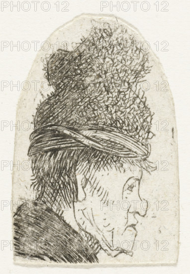 Grotesque profile: man in a high cap, print, Man with a high cap and striking facial contour., printmaker: Rembrandt van Rijn, Netherlands, printmaker: attributed to Jan Gillisz. van Vliet, c. 1629, Attributed to, paper, etching, height 38 mm x width 26 mm, The plate was reworked by another hand, possibly Jan Gillisz. van Vliet., adult man (sideview, profile), A narrow vertical sketch of a person's head and upper shoulder in profile facing right, rendered in fine dark pencil or ink lines on textured off-white paper, showing a tall, rounded hat with dense short strokes suggesting a fuzzy texture, a horizontal band around the base of the hat with curved crosshatching, short straight hair visible beneath the band, a long hooked nose, a pronounced chin with a small beard or goatee, a slightly open mouth, a visible ear with interior line detail, and a shoulder and upper back area shaded with dense parallel strokes.