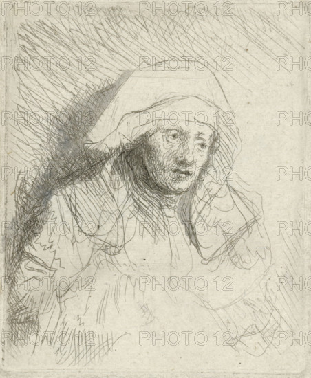 Sick woman with a large white headdress (Saskia), print, printmaker: Rembrandt van Rijn, c. 1645, paper, etching, brush, drypoint, etching and drypoint, retouched with brush in gray, height 62 mm x width 51 mm, Person, Saskia van Uylenburgh, A lightly sketched portrait of an older person wearing a hooded garment, drawn with fine, overlapping ink lines on a pale paper background; the face shows drooping eyes, a pronounced nose, and a solemn mouth, with short, textured strokes suggesting stubble and wrinkles; the hood frames the head with loose folds and crosshatched shading around one side, while rapid, directional lines fill the background and parts of the clothing, creating areas of darker tone and sketchy detail.