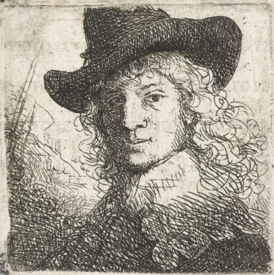 Alleged portrait of Jan Six, print, Bust of a man with a hat and white collar, possibly a portrait of Jan Six., printmaker: attributed to Ferdinand Bol, Netherlands, printmaker: manner of Rembrandt van Rijn, 1630 - 1700, Attributed to, Manner of, paper, etching, height 47 mm x width 47 mm, Person, Jan Six (1618-1700), historical persons, A detailed ink drawing shows a face with long curly hair and a wide-brimmed hat, rendered with dense crosshatching and fine lines; the eyes gaze forward, the nose and mouth are softly outlined, and textured shading creates contrast across one side of the face; the hat has a dark, heavily hatched crown and brim, and curls of hair spill around the shoulders; the surrounding background is light with scattered scratches and faint marks, and additional hatched shading and line work fill the lower portion of the image.
