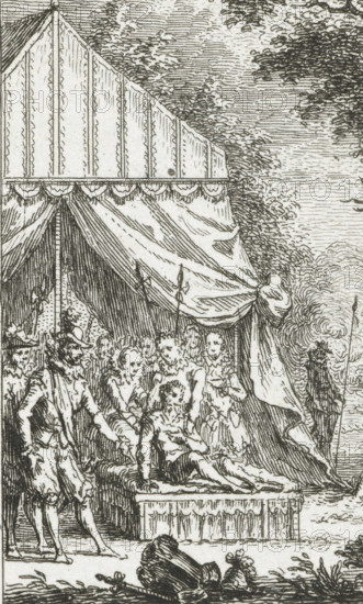 Count Ernst Casimir killed during the Siege of Roermond, 1632, print, historical print, June 2, 1632. The count on a bed in front of his army tent., printmaker: Simon Fokke, Northern Netherlands, 1722 - 1784, paper, etching, height 89 mm x width 44 mm, Illustration for a small almanac. Stands before the letter., Person, Ernst Casimir Count of Nassau-Dietz, dying, Siege of Roermond, Roermond (Limburg), Period, 1632-06-02, A detailed pen-and-ink scene shows a striped canopy tent with scalloped trim and draped fabric, beneath which a group of figures gathers. Several standing figures wear period clothing with ruffs and hats, and one seated figure reclines on a raised platform while others attend. A tall pole supports the tent and a figure holds a staff or spear nearby. Trees and foliage frame the background with textured sky lines, and in the foreground there are rocks and small plants at the edge of the scene.