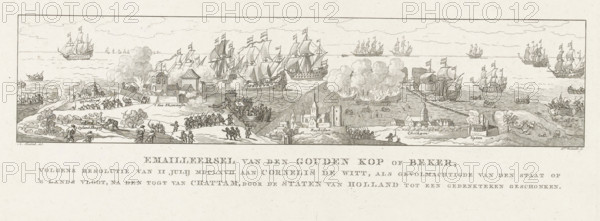 The depiction on the golden cup presented to Cornelis de Witt on the occasion of the Raid on Chatham, 1667, Enameling of the Golden Cup or Goblet, presented as a memorial by the States of Holland to Cornelis de Witt, as plenipotentiary of the State on the national fleet, after the raid on Chatham, in accordance with a resolution of 11 July MDCLXVII., print, historical object representation, Enameling depicting the Raid on Chatham and the battle around Sheerness, on the golden cup presented by the States of Holland and West Friesland to Cornelis de Witt on the occasion of the victory over the English during the Raid on Chatham, 20-23 June 1667., printmaker: Daniël Veelwaard (I) (signed by artist), Netherlands, after drawing by Abraham Teerlink, 1786 - 1857, paper, etching, height 238 mm x width 480 mm, The cup is currently located in the Louvre in Paris., Person, Cornelis de Witt, States of Holland and West Friesland, battle (naval force), Voyage to Chatham, Chatham, Medway (river), Ken...