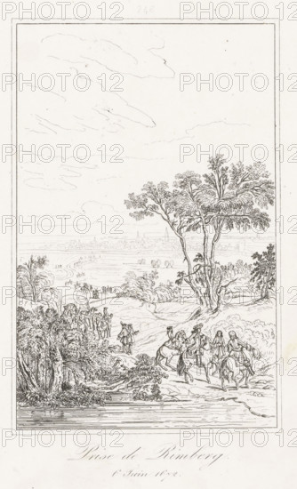 Capture of Rimberg, 6 June 1672, Capture of Rheinberg, 1672, print, historical print, Conquest of Rheinberg by the French army, 6 June 1672. Officers on horseback by a brook, in the background the profile of the city. After the painting in the Palace of Versailles. Numbered at the top: 246., printmaker: Etienne Acille Réveil (possibly), France, after painting by Pierre Denis Martin (le jeune), after design by Adam Frans van der Meulen, publisher: Charles Gavard, 1835 - 1840, paper, etching, height 230 mm x width 144 mm, Used as an illustration in: C. Gavard, Galeries historiques de Versailles, collection de gravures réduites d'après les dessins originaux du grand ouvrage, Paris 1840, no. 246. Stated on the print: Diagraphe et Pantographe Gavard., Person, Louis XIV (King of France), capture of city (after the siege), Capture of Rheinberg (1672), North Rhine-Westphalia, Rheinberg, Period, 1672-06-06, A tall vertical pen drawing framed by a thin border shows a river in the foreground with...