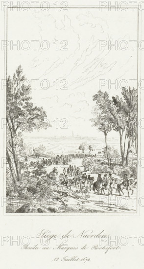 Siege de Naerden. Rendu au Marquis de Rochefort. July 12, 1672, Siege of Naarden, print, historical print, Siege and conquest of Naarden by the French army under the Marquis de Rochefort, July 12 (or 20), 1672. After the painting in the Palace of Versailles., printmaker: Etienne Acille Réveil (possibly), France, after painting by Jean Baptiste Martin (le vieux), publisher: Charles Gavard, 1835 - 1840, paper, etching, height 228 mm x width 145 mm, Used as illustration in: C. Gavard, Galeries historiques de Versailles, collection de gravures réduites d'après les dessins originaux du Grand Ouvrage, Paris 1840. Stated on the print: Diagraphe et Pantographe Gavard., Person, Louis XIV (King of France), capture of city (after the siege), Year of Disaster, Naarden, Period, 1672-06-12, A tall rectangular pen-and-ink landscape framed by a thin border shows a distant walled town with a church tower on a flat horizon, a large open sky with wispy cloud lines, and a foreground scene of a procession ...