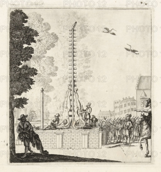 Mirror of State. Depicted in Mr. Kornelis and Ian de Wit, Mutilation of the bodies of the De Witt brothers, 1672, print, Representation of the mutilation of the bodies of the brothers Johan and Cornelis de Witt, August 20, 1672. On the right a horseman, on the left a man with a garment of one of the victims. In the air two storks. Below the scene is a verse in two columns in which the murders are justified., printmaker, Northern Netherlands, paper, etching, letterpress printing, etching with letterpress text, height 415 mm x width 325 mm, Person, Cornelis de Witt, Johan de Witt, attempt, political murder, mutilation of the corpse, lynching, violent death, being killed, being killed mishandled and maltreated, seeking death (death by lynching), Death of the De Witt brothers, political history, murder, The Hague, Period, 1672-08-20, A detailed black and white etching shows a tall wooden pole with rungs and three naked bodies hanging upside down from it, their limbs bound and heads near th...