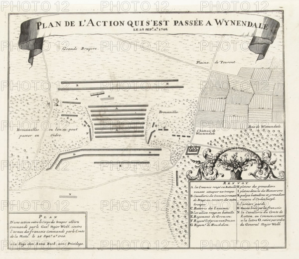 Plan of the Battle of Wijnendale, 1708, Plan de l'Action qui s'est passée a Wynendale de 28 sep.e aé. 1708, print, map, Map of the battle on September 28, 1708 at Wijnendale in West Flanders between the Allied troops under Major General Webb, who were escorting a convoy, and French troops under Count de la Mott. Printed on the sheet below the plate an account of the battle in 2 columns in French and 2 columns in Dutch., printmaker, publisher, grantor of privilege, The Hague, Northern Netherlands, paper, etching, letterpress printing, etching with text in letterpress, height 578 mm x width 445 mm, Compare the almost identical print by Jacobus Harrewijn in: Table des cartes des Pays-Bas et des frontieres de France, avec un recueil des plans des villes, sieges et battailles données entre les hauts allies et la France, Eugene Henry Fricx, Brussels 1712, maps of separate countries or regions, battle (land forces), Battle of Wijnendale (1708), Wijnendale, Period, 1708-09-28, Aged map fragmen...