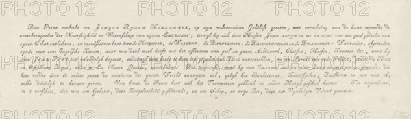 Text sheet accompanying the caricature on the pro-English sentiment of young Holland, 1780, cartoon, text sheet, Text sheet belonging to the caricature on the pro-English sentiment of young Holland, 1780. Nine lines of text printed in italics., printmaker, Northern Netherlands, paper, letterpress printing, text in letterpress, height 138 mm x width 436 mm, political caricatures and satires, Fourth Anglo-Dutch War, Period, A rectangular off-white sheet with a horizontal band of elegant cursive script printed across the center, surrounded by ample blank margins; the paper shows a subtle textured surface with small flecks and faint creases, and there are a few tiny brownish spots and slight discolorations near the center and edges.