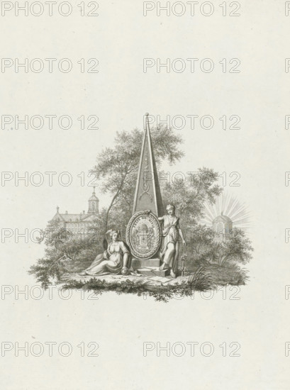 Allegory on the founding of Felix Meritis, print, title page, Title page with an allegorical vignette on the founding of the Felix Meritis society in Amsterdam, November 1, 1777. Two allegorical female figures on either side of an obelisk with the Felix Meritis vignette, in the background the city hall and a radiant temple., printmaker: Noach van der Meer (II), Northern Netherlands, after drawing by Johannes Elffers, 1781 - 1783, paper, etching, engraving, etching and engraving, proof print before the letter, height 253 mm x width 190 mm, Later state of print also used in: Laws of the Society of Merits, founded in Amsterdam, Ao. 1777. Amsterdam: Jan Christiaan Sepp, 1783., Person, Felix Meritis, Amsterdam, Amsterdam City Hall (1655-1808), Period, 1777, A detailed engraved scene shows a tall pointed obelisk standing on a stepped base, flanked by two draped female figures; one is seated on the ground with flowing garments and a hat beside her, the other stands resting a hand on the obeli...