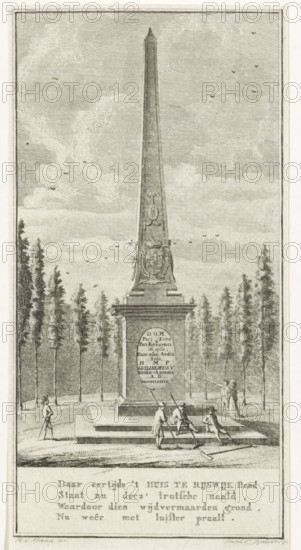Memorial Obelisk for the Peace of Rijswijk 1697, print, Memorial obelisk in the Rijswijk forest erected in 1792 on the site where the Huis te Nieuburch in Rijswijk formerly stood, where the Peace of Rijswijk was concluded on September 20, 1697, between France and the Allies. In the margin, a four-line verse. Accompanying the sheet are two text sheets with a description of the monument., printmaker: Anna Catharina Brouwer, Northern Netherlands, after drawing by Maas van Altena, Rijswijk (South Holland), 1792, paper, etching, engraving, letterpress printing, etching and engraving, text in letterpress, height 166 mm x width 86 mm, monument, statue, Peace of Rijswijk (1697), Huis ter Nieuburch, Period, 1697-09-20, A tall, narrow obelisk stands on a stepped rectangular base in a tree-lined open area; the obelisk has decorative carved panels and a small pointed top, and the base shows an inset panel. Several people in period clothing are around the monument: a group of men working with long ...