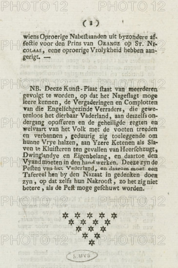 Concise Explanation of an Art Print named 'The Secret Committee of the Sworn Orange Frisians', Explanation accompanying the caricature of the prince and his followers, 1782, text sheet, Text sheet with printed explanation of the caricature of Prince William V of Orange and the Frisian branch, 1782. Two sheets folded in half and bound together with string, printed on all pages numbered 1-8., publisher: anonymous, Northern Netherlands, paper, letterpress printing, text in letterpress, height 220 mm x width 140 mm, Person, Petrus Camper, William V (Prince of Orange-Nassau), Patriot Era (1780-1795), Friesland, Period, A faded rectangular area of printed text occupying the upper and central portions of the page, printed in a serif type with uneven ink density and slightly worn edges, followed below by a triangular cluster of small star-like floral motifs arranged in rows that narrow toward the bottom; beneath the cluster is an oval stamp containing short characters, and the paper shows a li...