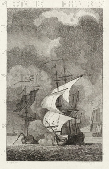 Jarry killed in battle with the English, 1783, print, historical print, The privateer ship 'de Vlissinger' of privateer captain Nicolas Jarry in battle with an English warship, Jarry is killed in battle, January 1783., printmaker: Reinier Vinkeles (I), Northern Netherlands, after drawing by Jacobus Buys, 1791, paper, etching, engraving, etching and engraving, proof print before the letter, height 237 mm x width 155 mm, Used as illustration: PA Loosjes. Patriotic History, Containing the History of the United Netherlands, In the immediate continuation of Wagenaar's Patriotic History, Vol. 6. Amsterdam: Johannes Allart, Vol. VI, 1791., Person, Nicolas Jarry, battle (naval force), Fourth English War, Period, 1783-01, An engraved scene shows several sailing ships on rippling water beneath a sky filled with swirling, textured clouds, with one prominent ship in the foreground displaying billowing sails, masts, rigging, and a visible bowsprit, alongside smaller vessels with furled and partiall...