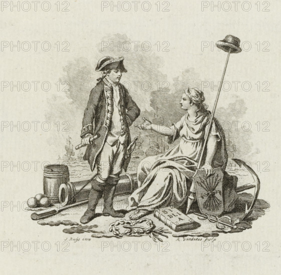 Uniform of the Heelhaakschutters in Dordrecht, 1783, Uniform of the Heel-Haaks. Militia in Dordrecht, print, The uniform of the Heelhaakschutters in Dordrecht, 1783. In the foreground a standing militiaman in full rigging, in the background the drilling militia. In the margin the title and the coat of arms of the militia., printmaker: Carel Frederik Bendorp (I), Northern Netherlands, after drawing by Johannes Christiaan Bendorp, paper, etching, engraving, hand coloring, etching and engraving, hand-colored, height 234 mm x width 195 mm, (military) uniforms (citizen soldiery, civil guard, citizen militia), drill, military training (citizen soldiery, establishment of drill societies (1783-1786), Dordrecht, Period, A monochrome engraved scene shows a standing man in period clothing wearing a tricorne hat and a long coat with decorative buttons, holding a small stick and looking toward a seated woman who reaches out with one hand; the seated woman wears draped robes and holds a long staff t...