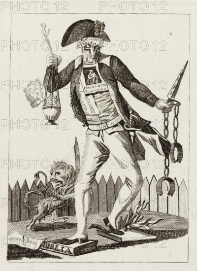 Image of a Kees, Weegluis, Avijoenvreeter, Amokspoeger, or Contemporary Patriot, Caricature of the patriot Pieter de Waal, 1784, cartoon, print, Caricature of the midshipman Pieter de Waal of the Ninth Civic Company in Rotterdam, who was wounded during the violence on April 7, 1784. His face and chest are constructed from pamphlets by Oldenbarnevelt and patriotic magazines. He tramples on the Bible and a branch of the House of Orange. In his hands, an incense burner, a dagger, and shackles. Printed with a sheet beneath a verse in two columns., printmaker, Northern Netherlands, paper, etching, engraving, letterpress printing, engraving and letterpress, height 249 mm x width 182 mm, anthropomorphic beings with parts of abnormal shape - AA - female human figure, Patriot Era (1780-1795), Rotterdam, Period, 1784-04-07, A tall, thin man in period clothing stands with one leg forward, wearing a tricorne hat and a long coat with visible buttons and textured shading, a sash and layered garments...