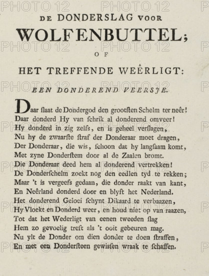 Satirical verse on the Duke of Brunswick, 1784, The Thunderclap for Wolfenbuttel, or The Striking Resonance: a thundering little verse, text sheet, Text sheet with a satirical verse on Louis Ernest, Duke of Brunswick-Wolfenbüttel, 1784., writer (clerical worker): anonymous, Northern Netherlands, writer (clerical worker), paper, letterpress printing, text in letterpress, height 210 mm x width 163 mm, Person, Ludwig Ernst von Braunschweig-Wolfenbüttel, Patriot Era (1780-1795), Period, A beige page with black printed serif text arranged in centered headings at the top and left-aligned lines below, showing a large bold title near the upper center, smaller capitalized headings beneath it, and multiple lines of paragraph text in a uniform typeface that extend down the page, with a large decorative initial at the start of the first paragraph and ample blank margin at the bottom.