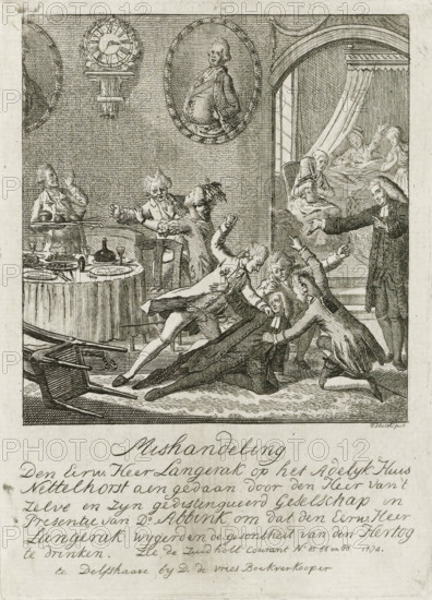 Assault on Minister Langerak, 1784, Assessment inflicted upon the Reverend Mr. Langerak at the Noble House Nettelhorst by the Lord of the same, print, Assessment of Minister Langerak from Laren at the House Nettelhorst near Lochem by Baron van Heeckeren, Mayor De Wolff of Lochem and Mr. Sölner because the minister refused to drink to the health of the Duke of Brunswick, July 1784. On the right, the Lochem minister Abbink looks on approvingly. On the wall, a painting with a portrait of the Duke of Brunswick. The print is accompanied by a text sheet with explanation., printmaker: Joannes Hulstkamp, Northern Netherlands, publisher: D. de Vries, Delfshaven, Rotterdam, paper, etching, engraving, etching and engraving, height 137 mm x width 99 mm, Person, Ludwig Ernst von Braunschweig-Wolfenbüttel, fist-fight, Patriot Era (1780-1795), Lochem, Huis Nettelhorst, Period, 1784-07, An engraved scene showing a room with a round dining table covered by a cloth and set with plates, glasses, and serv...