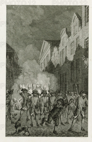 Confrontation between civilian patrol and military patrol in Arnhem, 1784, print, historical print, A confrontation between a civilian patrol and a military patrol in the Turfstraat in Arnhem, August 2, 1784. Riots in connection with the cemetery issue in Arnhem., printmaker: Reinier Vinkeles (I), Northern Netherlands, after drawing by Jacobus Buys, 1788 - 1790, paper, etching, engraving, etching and engraving, proof print before the letter, height 238 mm x width 159 mm, Used as illustration in: PA Loosjes. Vaderlandsche historie, vervattende de geschiedenissen, der Vereenigde Nederlanden, Ten onmiddelyken vervolge van Wagenaar's Vaderlandsche historie. Amsterdam: Johannes Allart, vol. 3, 1790., warfare, military affairs (citizen soldiery, civil guard, citizen militia), Patriot Period (1780-1795), establishment of exercise societies (1783-1786), Arnhem, Period, 1784-08-02, A detailed black and white engraving shows a narrow street flanked by tall buildings with stepped gables and recta...