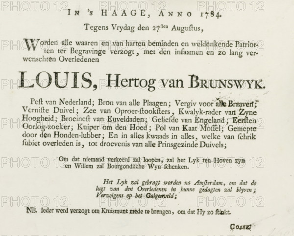 Invitation to the funeral of the Duke of Brunswick, 1784, text sheet, Fictitious invitation to attend the funeral of the Duke of Brunswick, August 27, 1784., publisher: anonymous, Northern Netherlands, paper, letterpress printing, text in letterpress, height 179 mm x width 231 mm, Person, Ludwig Ernst von Braunschweig-Wolfenbüttel, Period, 1784-08-27, A section of an aged printed page with dark serif type on a light background, featuring a large bold name centered near the top, smaller lines of text above and below it, varied font sizes and weights, visible ink speckles and slight smudging in places, and a faint printed mark near the lower right corner.