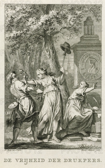 Freedom of the Press, Title page for the poem: The freedom of the press, 1787, print, title page, Allegory in which Liberty protects a female writer against the attempts of a man (Censorship) to bind her. In the background a monument to Laurens J. Coster., printmaker: Reinier Vinkeles (I), Northern Netherlands, after drawing by Jacobus Buys, paper, etching, engraving, etching and engraving, height 154 mm x width 103 mm, Used as title print for: Batavus Bernardus Bosch, The freedom of the press. Amsterdam 1787., Person, Laurens Janszoon Coster, Freedom, Liberty, 'Libertà' (Ripa) (abstract concept represented by female figure), censorship, Patriot time (1780-1795), Period, A detailed black and white engraving shows three expressive figures in a wooded clearing beside a stone monument. A central standing woman in a flowing dress holds a long staff with a hat perched on top and reaches toward a man to her left whose posture is recoiling; he wears workmanlike clothes with a palette and tool...