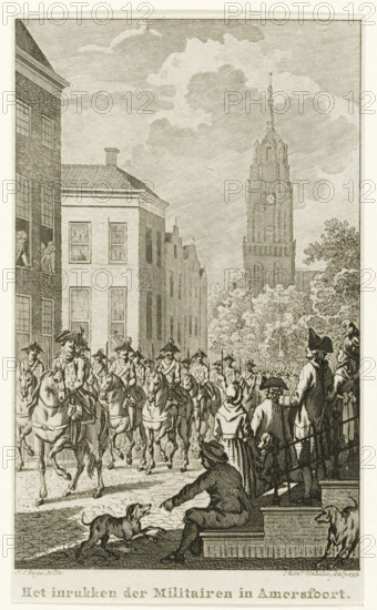 The Entry of the Soldiers into Amersfoort, Entry of soldiers into Amersfoort, 1785, print, By order of Prince William V and at the request of the Provincial States of Utrecht, the soldiers are being entered, August 16, 1785. Soldiers on horseback march through a street in Amersfoort., printmaker: Reinier Vinkeles (I), Northern Netherlands, after drawing by Jacobus Buys, 1793, paper, etching, height 150 mm x width 90 mm, Used as illustration in: PA Loosjes. Vaderlandsche historie, vervattende de geschiedenissen, der Vereenigde Nederlanden, Ten onmiddelyken vervolge van Wagenaar's Vaderlandsche historie. Amsterdam: Johannes Allart, vol. 11, Patriot Period (1780-1795), Amersfoort, Period, 1785-08-16, A detailed engraving shows a city street lined with multistory buildings on the left and dense trees on the right, a tall ornate tower rising behind the trees under a sky with large billowing clouds, a formation of uniformed mounted soldiers riding down the street toward the foreground with h...