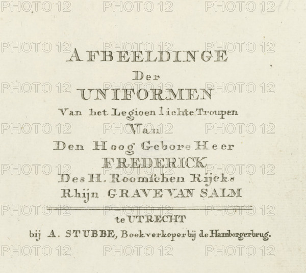 Title print of the print series of uniforms of the Legion of the Count of Salm, 1785, Uniforms of the Legion of the Count of Salm, Image of the Uniforms of the Legion of Light Troops of the High-Born Lord Frederick of the Holy Roman Empire, Count of Salm, print, title print, Title print with text. Part of the print series of uniforms of the legion of Frederick III, in the service of the Republic in 1785., printmaker, publisher, Utrecht, Northern Netherlands, paper, etching, height 155 mm x width 200 mm, Person, Count of Salm Frederick III, Patriot Era (1780-1795), Period, A vertically oriented aged paper sheet with rows of dark printed ornamental characters arranged in centered lines, decorative horizontal rules, and a few small specks and faint smudges scattered across the light textured background.